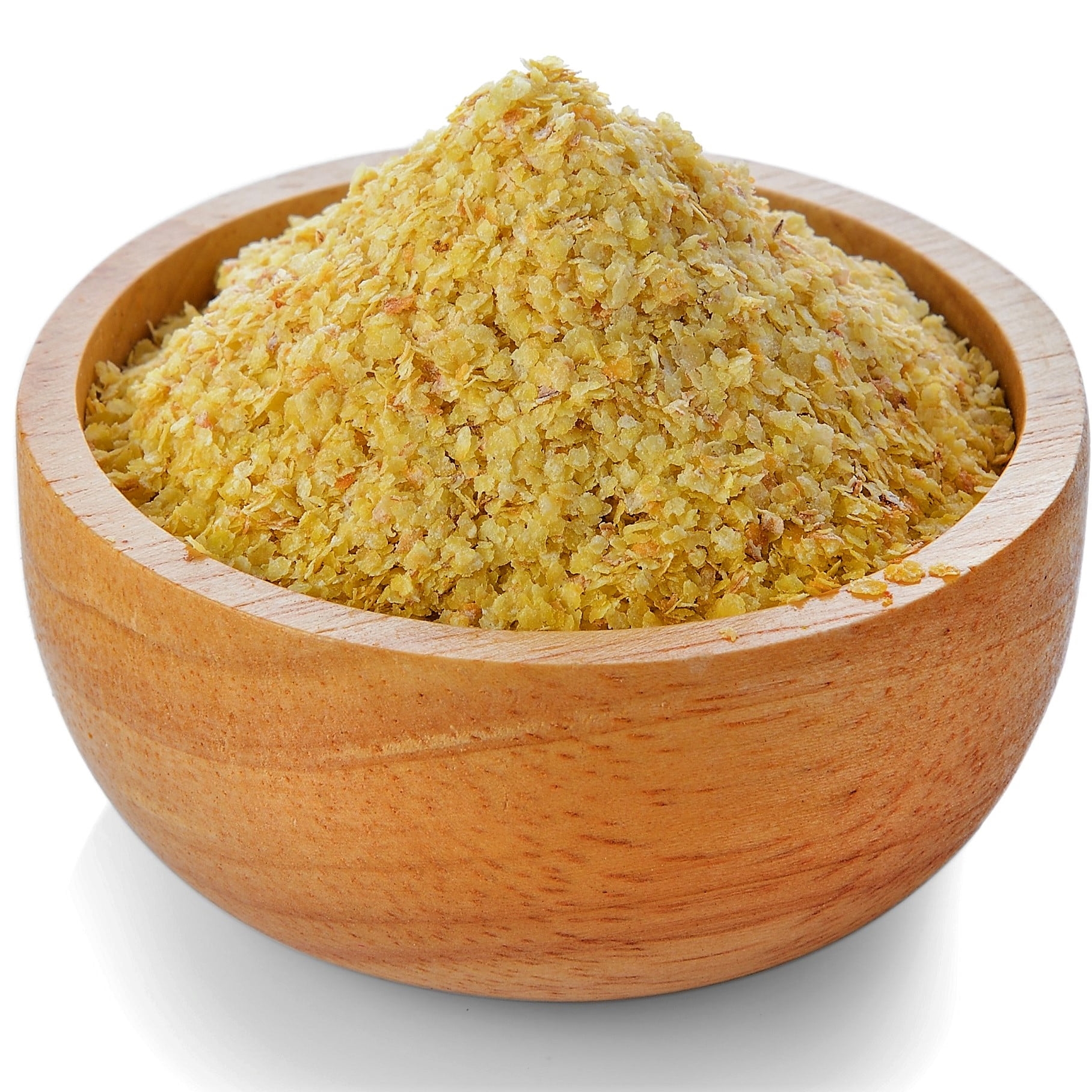 Wheat germ in wood bowl on white background